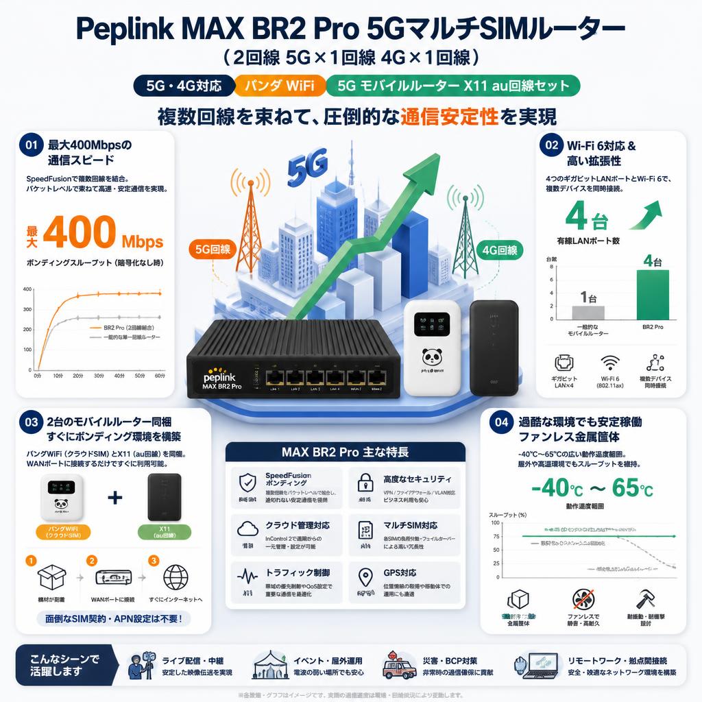 Peplink MAX BR2 Pro 5GマルチSIMルーター（2回線 5G×1回線 4G×1回線）/  5G・4G対応  パンダ WiFi /  5G モバイルルーター X11 au回線セット セールスポイント