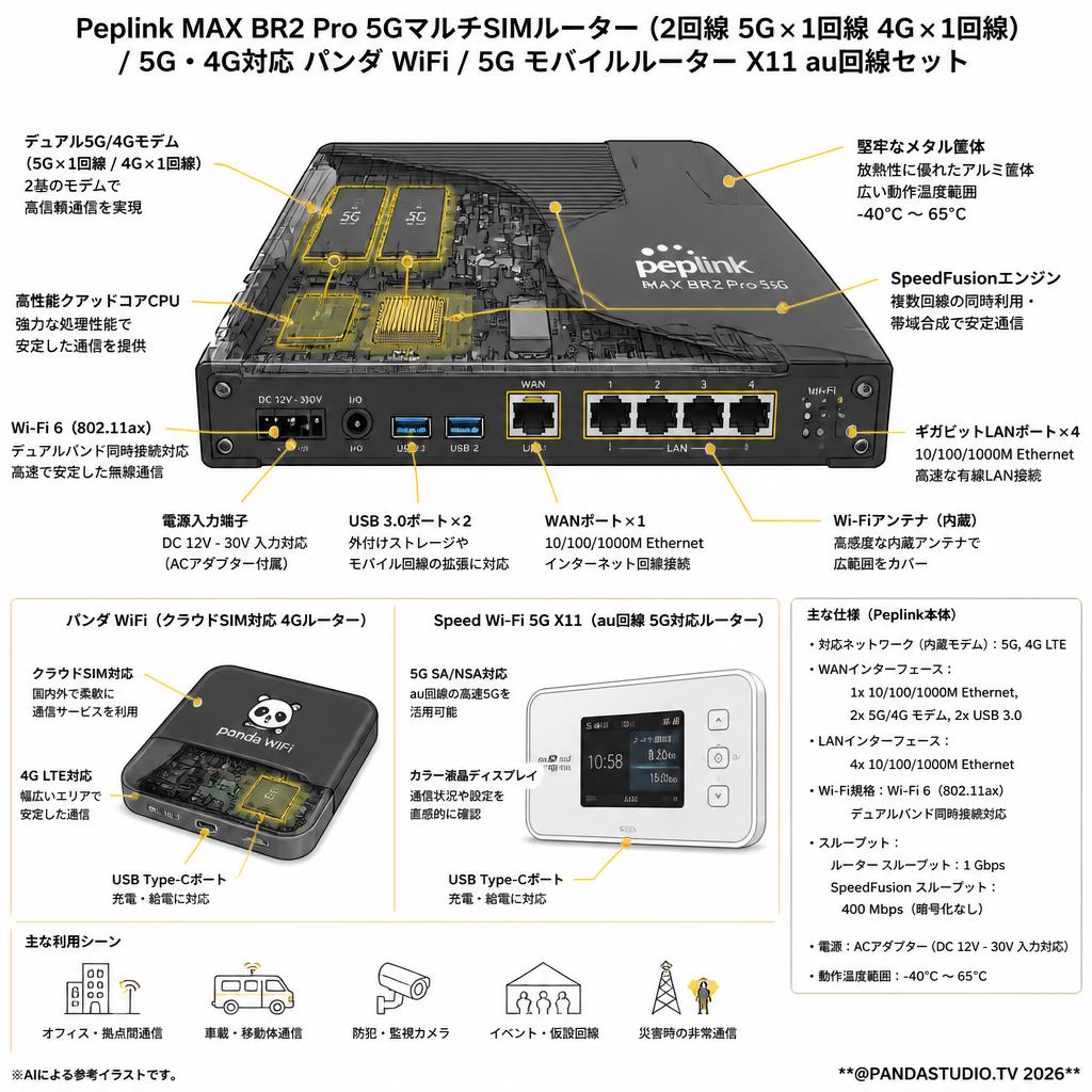Peplink MAX BR2 Pro 5GマルチSIMルーター（2回線 5G×1回線 4G×1回線）/  5G・4G対応  パンダ WiFi /  5G モバイルルーター X11 au回線セット スペック