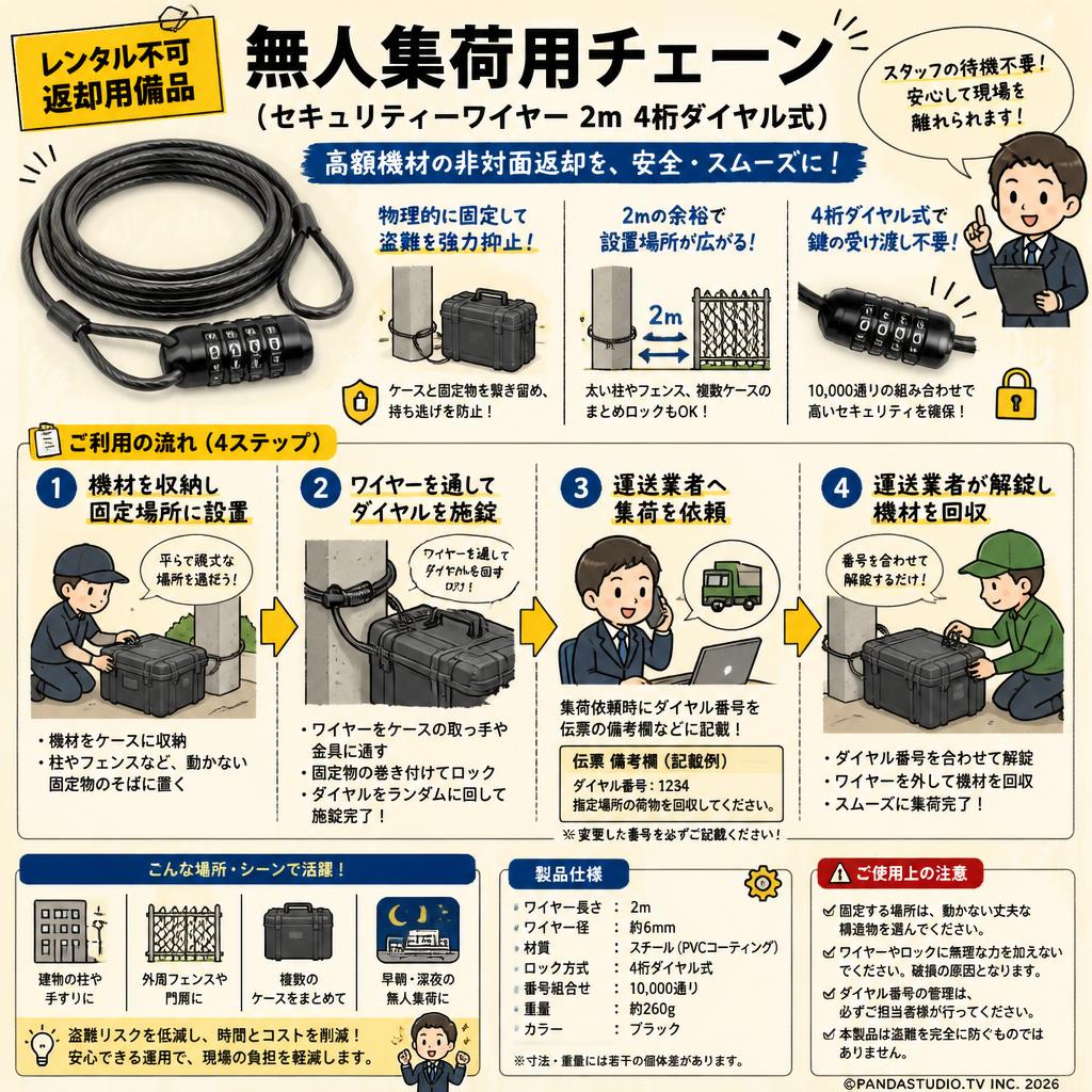 【レンタル不可・返却用備品】無人集荷用チェーン（セキュリティーワイヤー 2m 4桁ダイヤル式） 概要