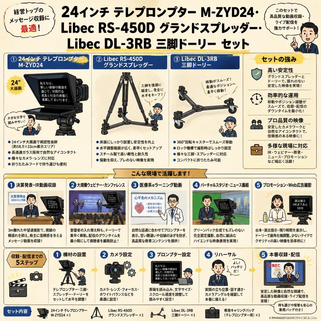 24インチ テレプロンプター M-ZYD24・Libec RS-450D グランドスプレッダー・LibecDL-3RB 三脚ドーリー セット 用途