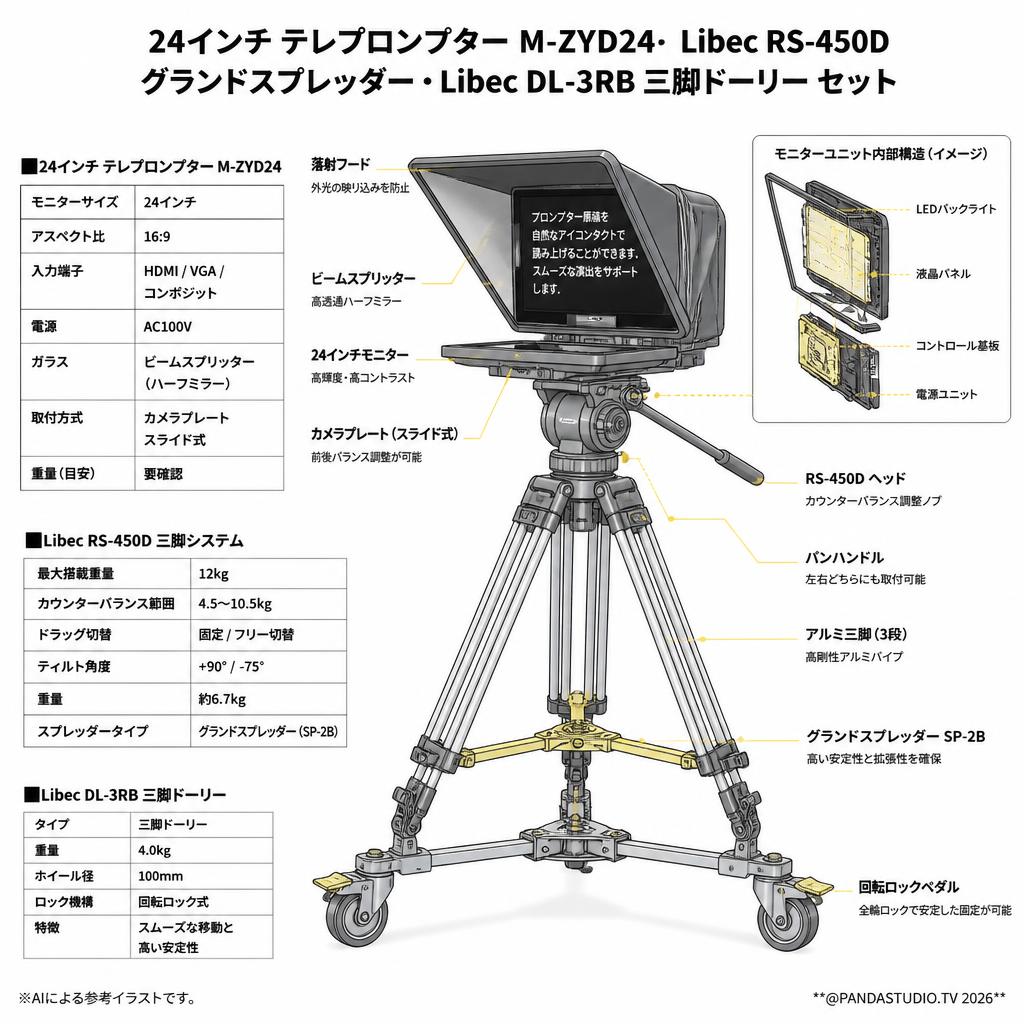 24インチ テレプロンプター M-ZYD24・Libec RS-450D グランドスプレッダー・LibecDL-3RB 三脚ドーリー セット スペック