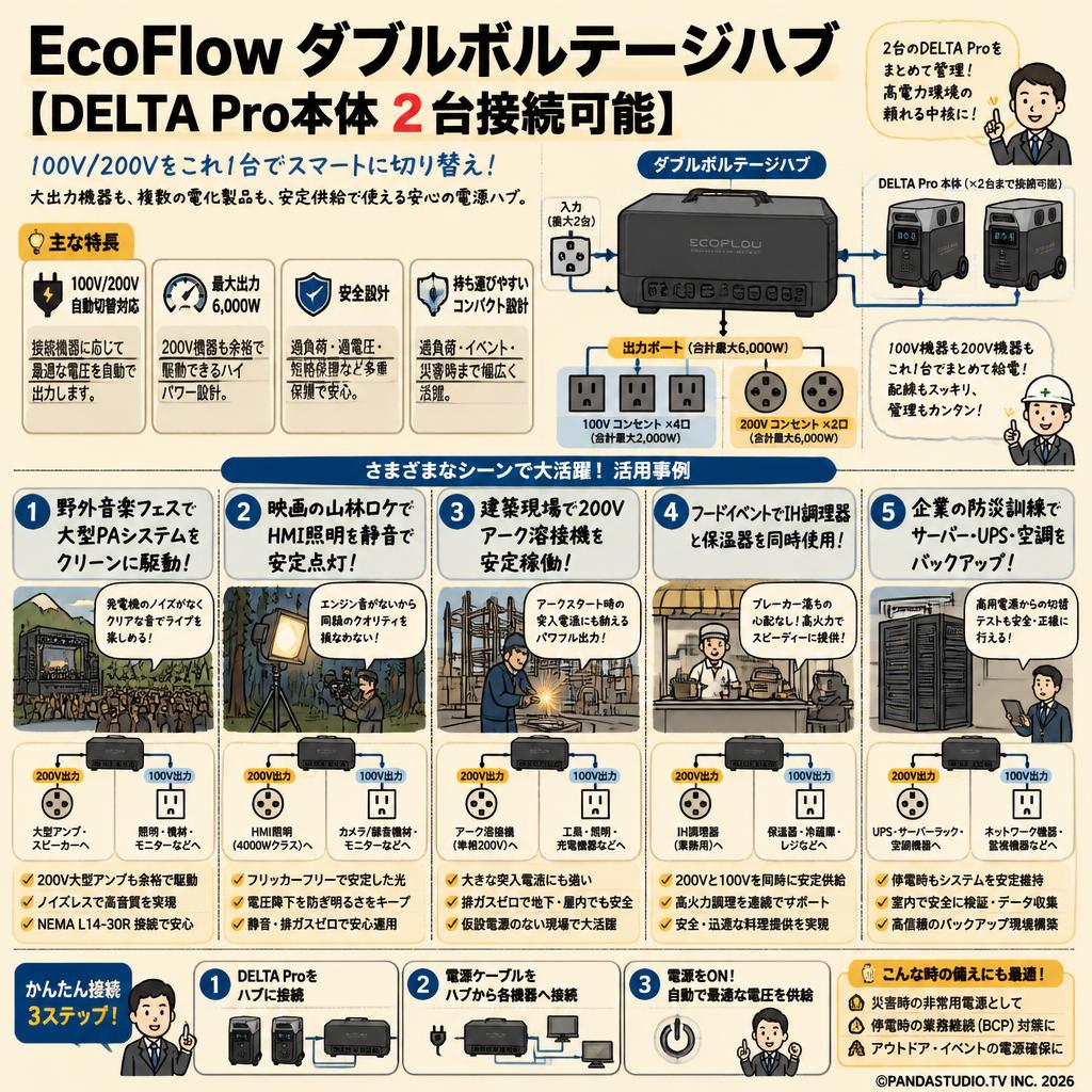 EcoFlow ダブルボルテージハブ【DELTA Pro本体２台接続可能】 用途
