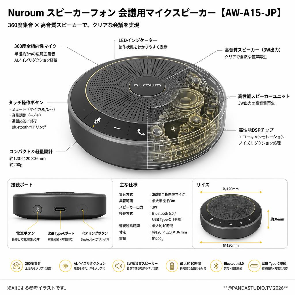 Nuroum スピーカーフォン 会議用マイクスピーカーBluetooth対応 【‎AW-A15-JP】 スペック