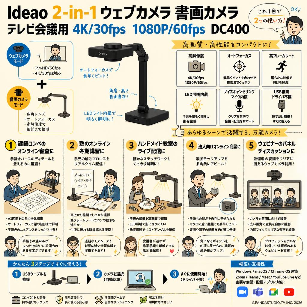 Ideao 2-in-1 ウェブカメラ 書画カメラ テレビ会議用4K/30fps 1080P/60fps DC400 用途