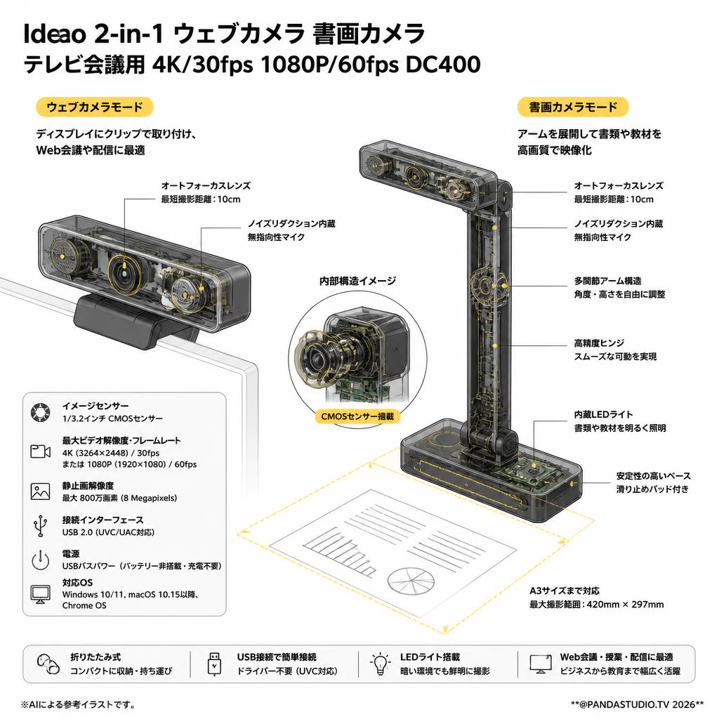 Ideao 2-in-1 ウェブカメラ 書画カメラ テレビ会議用4K/30fps 1080P/60fps DC400 スペック