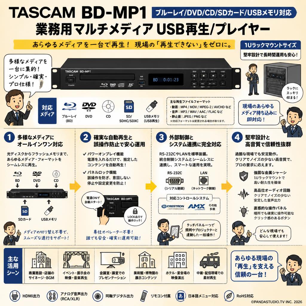 TASCAM  BD-MP1 ブルーレイ/DVD/CD/SDカード/USBメモリ対応 業務用マルチメディア USB再生/プレイヤー 概要