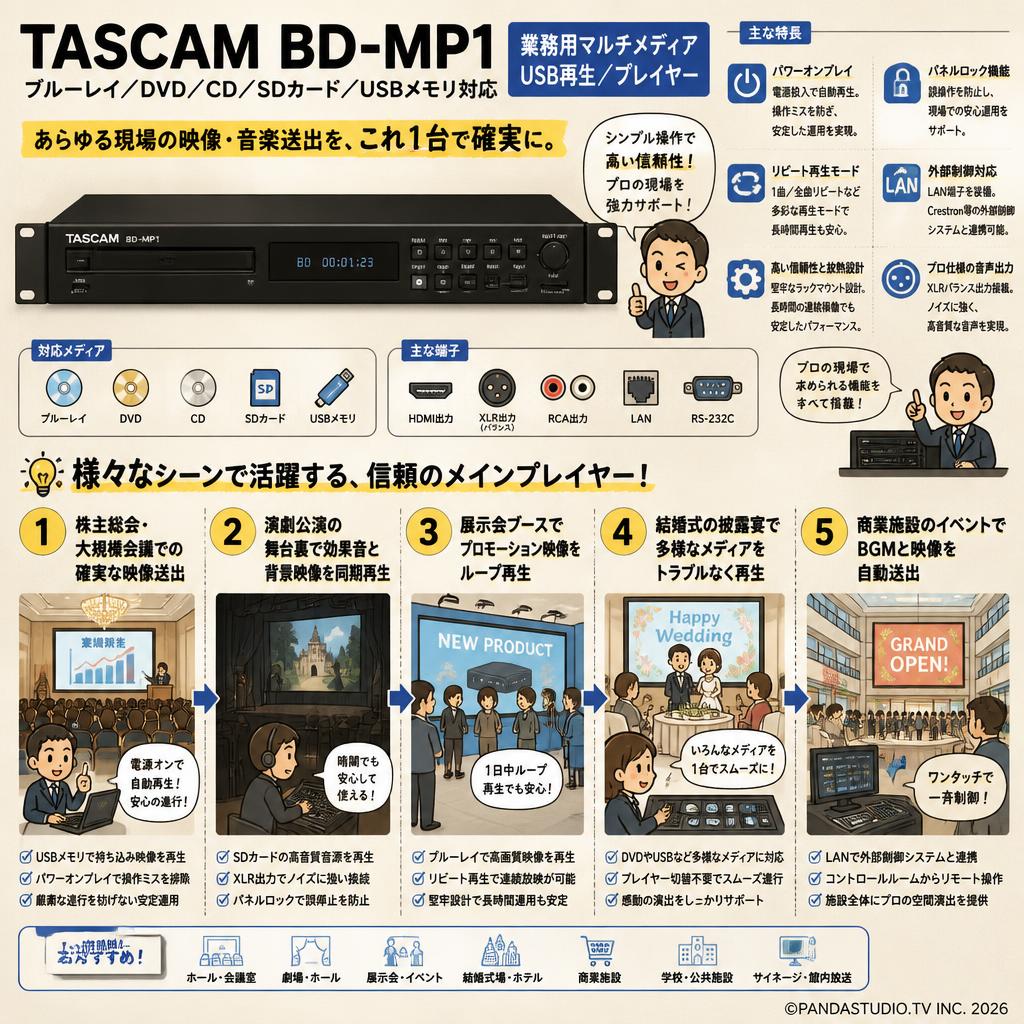 TASCAM  BD-MP1 ブルーレイ/DVD/CD/SDカード/USBメモリ対応 業務用マルチメディア USB再生/プレイヤー 用途