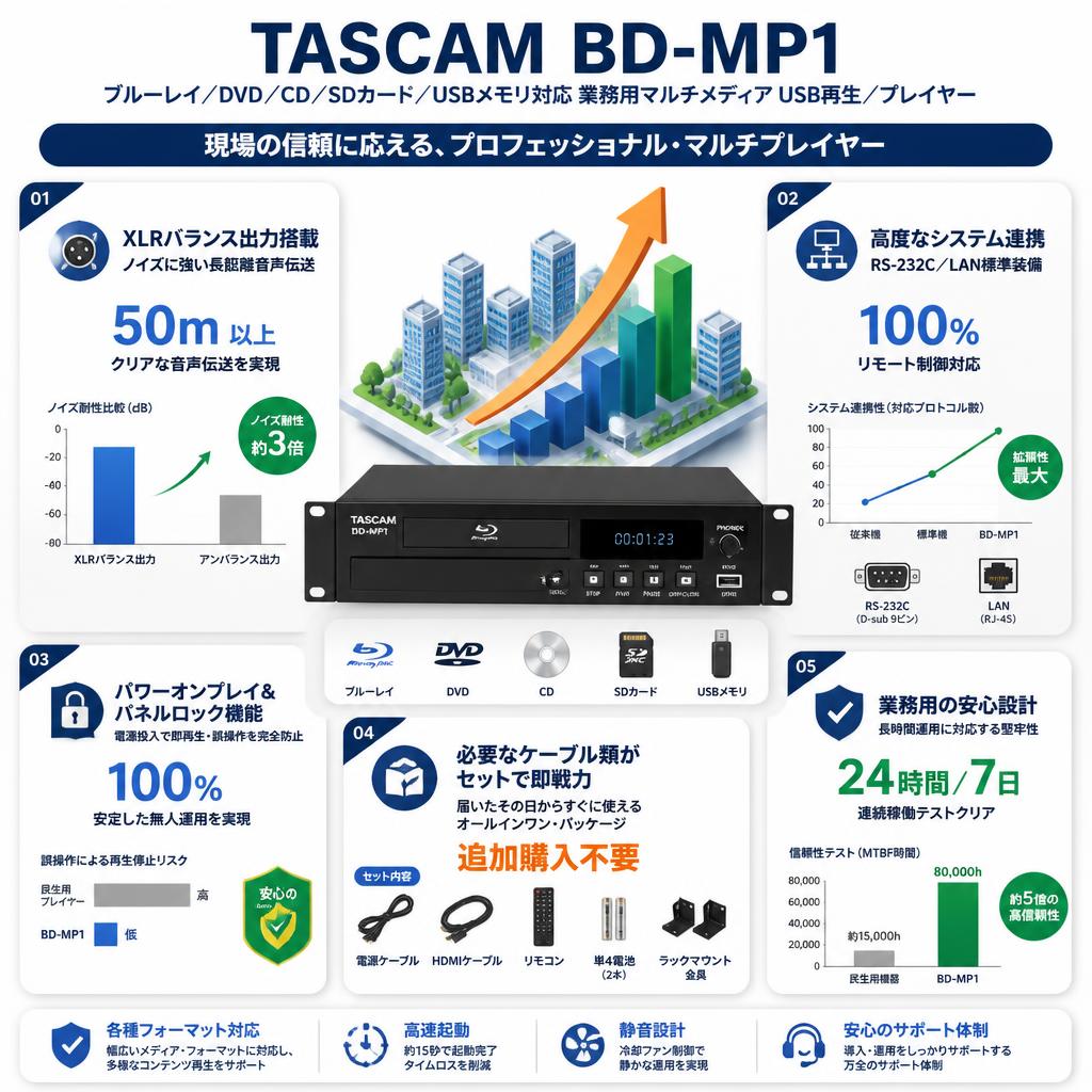 TASCAM  BD-MP1 ブルーレイ/DVD/CD/SDカード/USBメモリ対応 業務用マルチメディア USB再生/プレイヤー セールスポイント