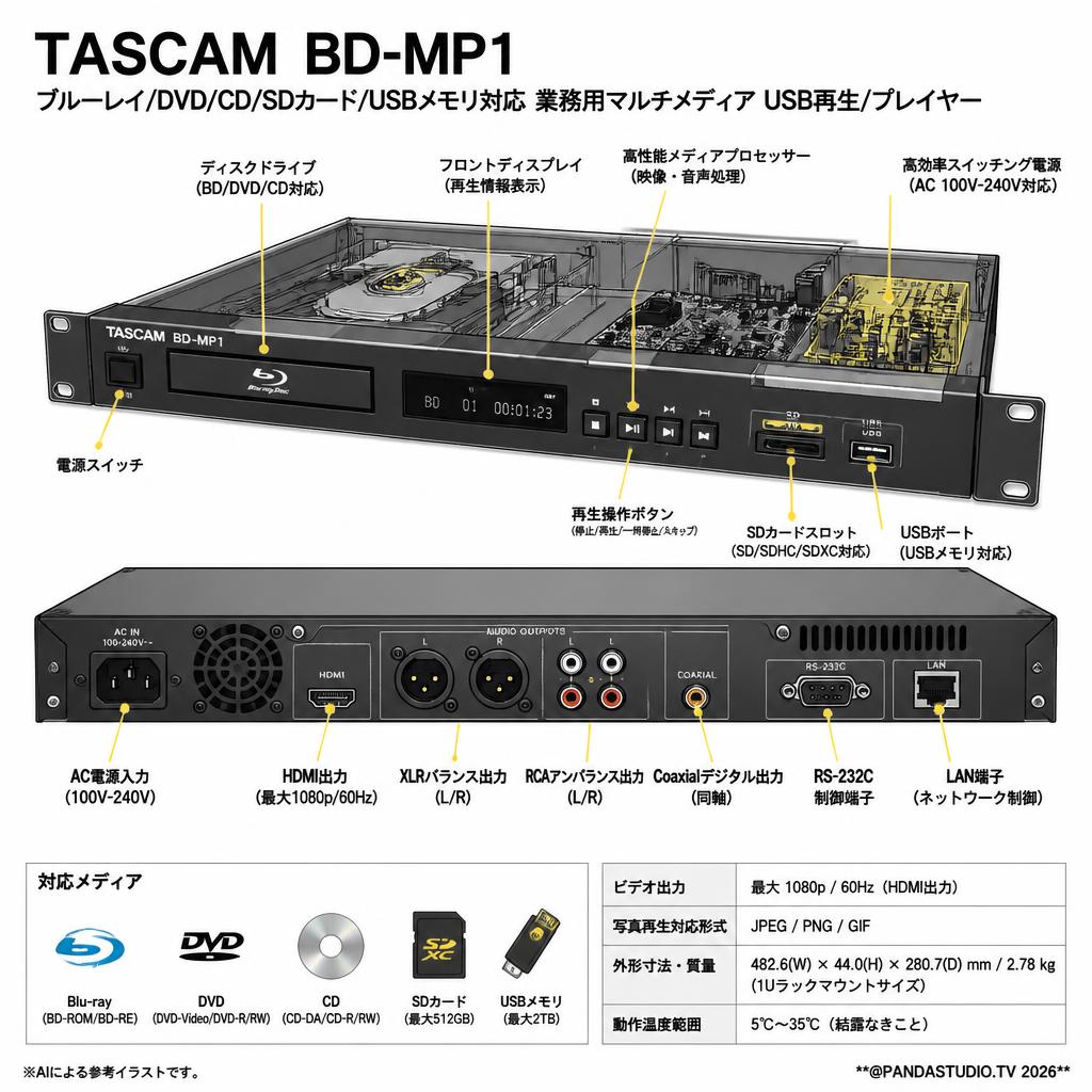 TASCAM  BD-MP1 ブルーレイ/DVD/CD/SDカード/USBメモリ対応 業務用マルチメディア USB再生/プレイヤー スペック