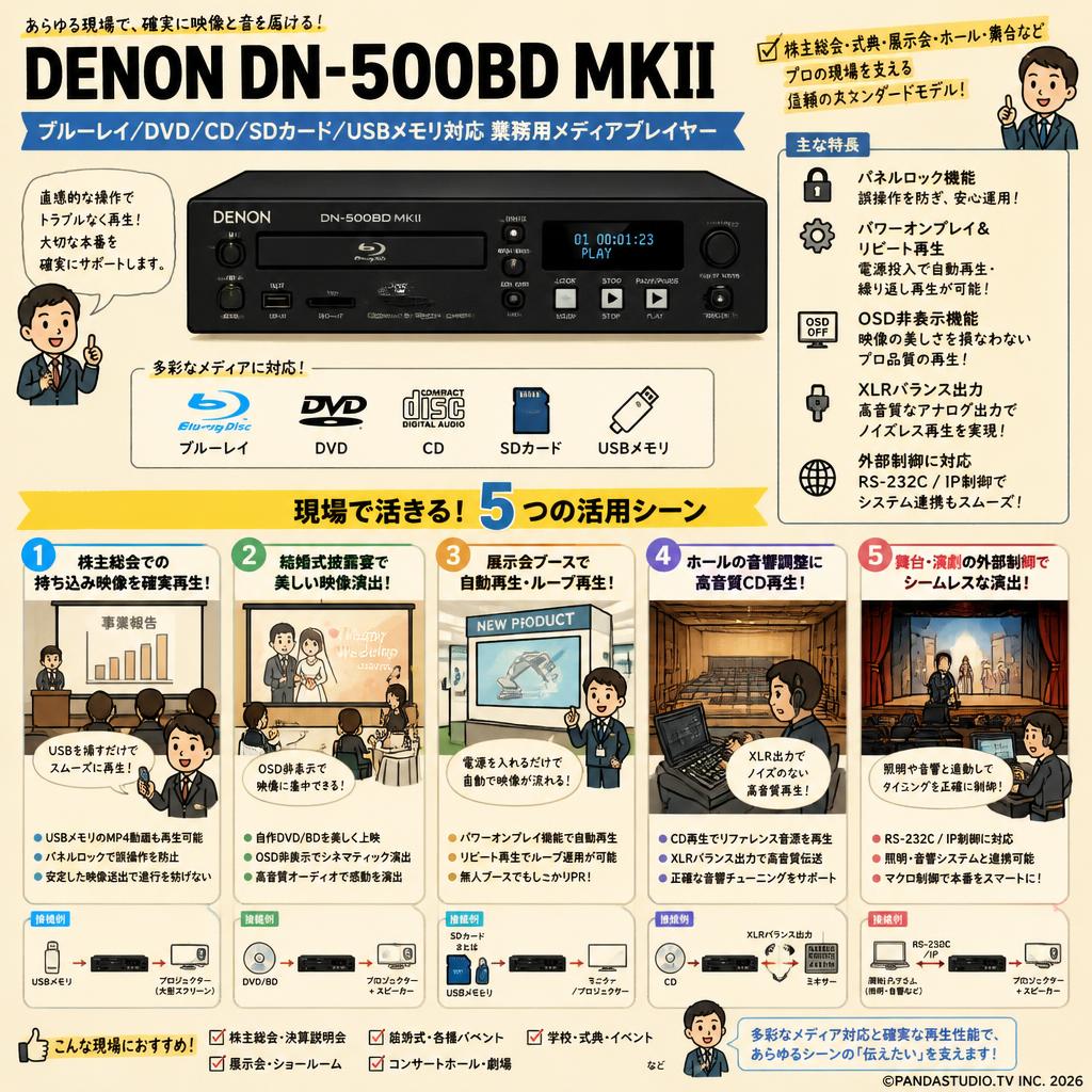 DENON DN-500BD MKII ブルーレイ/DVD/CD/SDカード/USBメモリ対応 業務用メディア USB再生/プレイヤー 用途