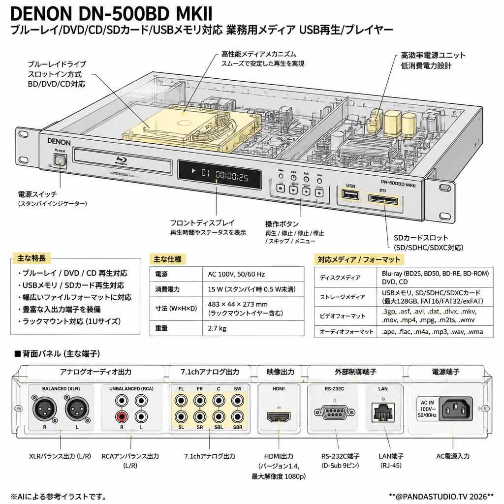 DENON DN-500BD MKII ブルーレイ/DVD/CD/SDカード/USBメモリ対応 業務用メディア USB再生/プレイヤー スペック