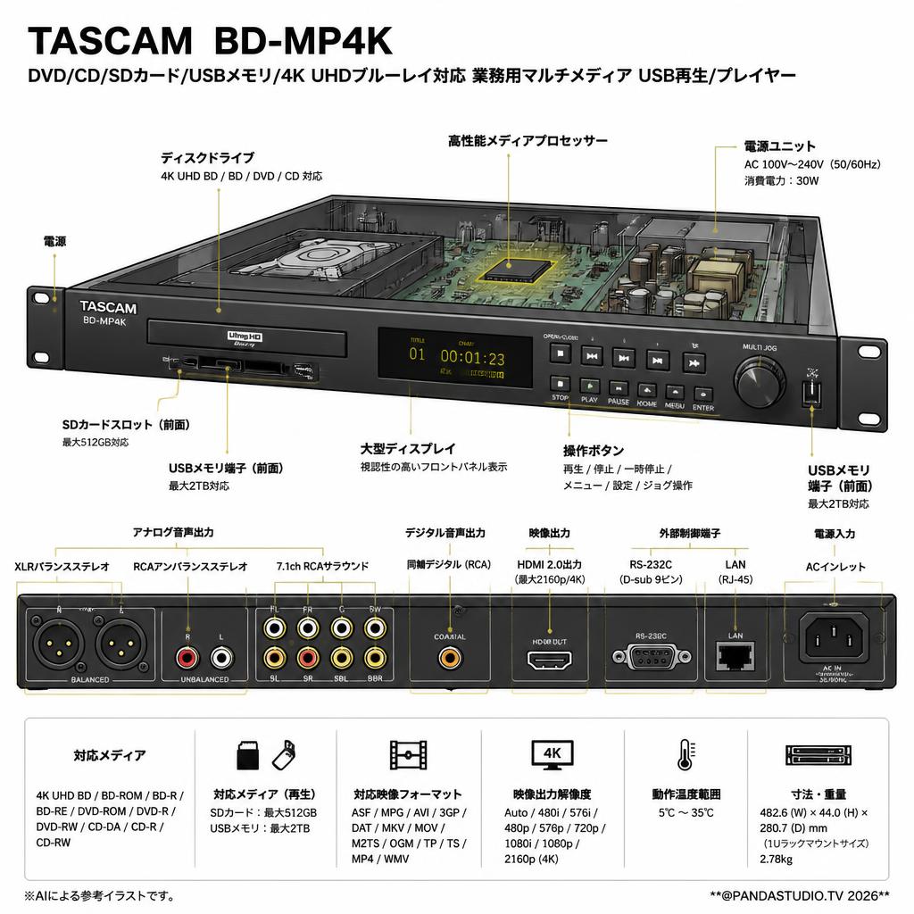 TASCAM  BD-MP4K DVD/CD/SDカード/USBメモリ/4K UHDブルーレイ対応 業務用マルチメディア USB再生/プレイヤー スペック