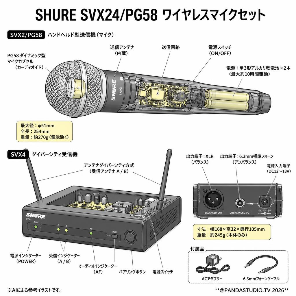 SHURE SVX24/PG58 ワイヤレスマイクセット スペック