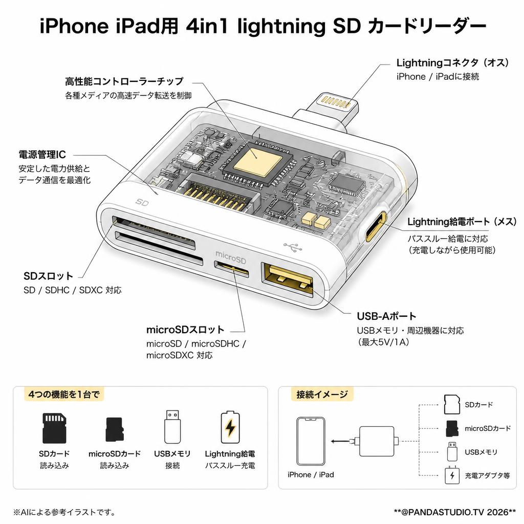 iPhone iPad用 4in1 lightning SD カードリーダー スペック