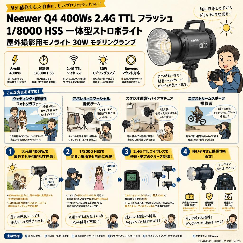 Neewer Q4 400Ws 2.4G TTL フラッシュ【1/8000 HSS 一体型ストロボライト 】屋外撮影用モノライト 30W モデリングランプ おもな対象のお客様