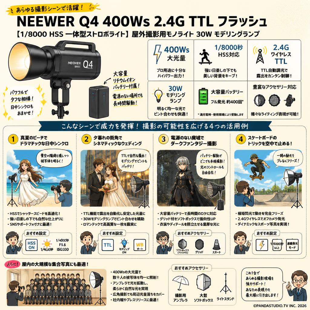 Neewer Q4 400Ws 2.4G TTL フラッシュ【1/8000 HSS 一体型ストロボライト 】屋外撮影用モノライト 30W モデリングランプ 用途