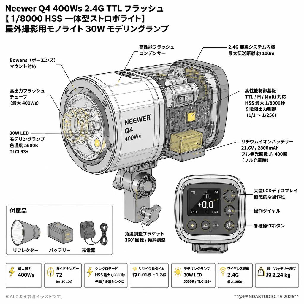 Neewer Q4 400Ws 2.4G TTL フラッシュ【1/8000 HSS 一体型ストロボライト 】屋外撮影用モノライト 30W モデリングランプ スペック