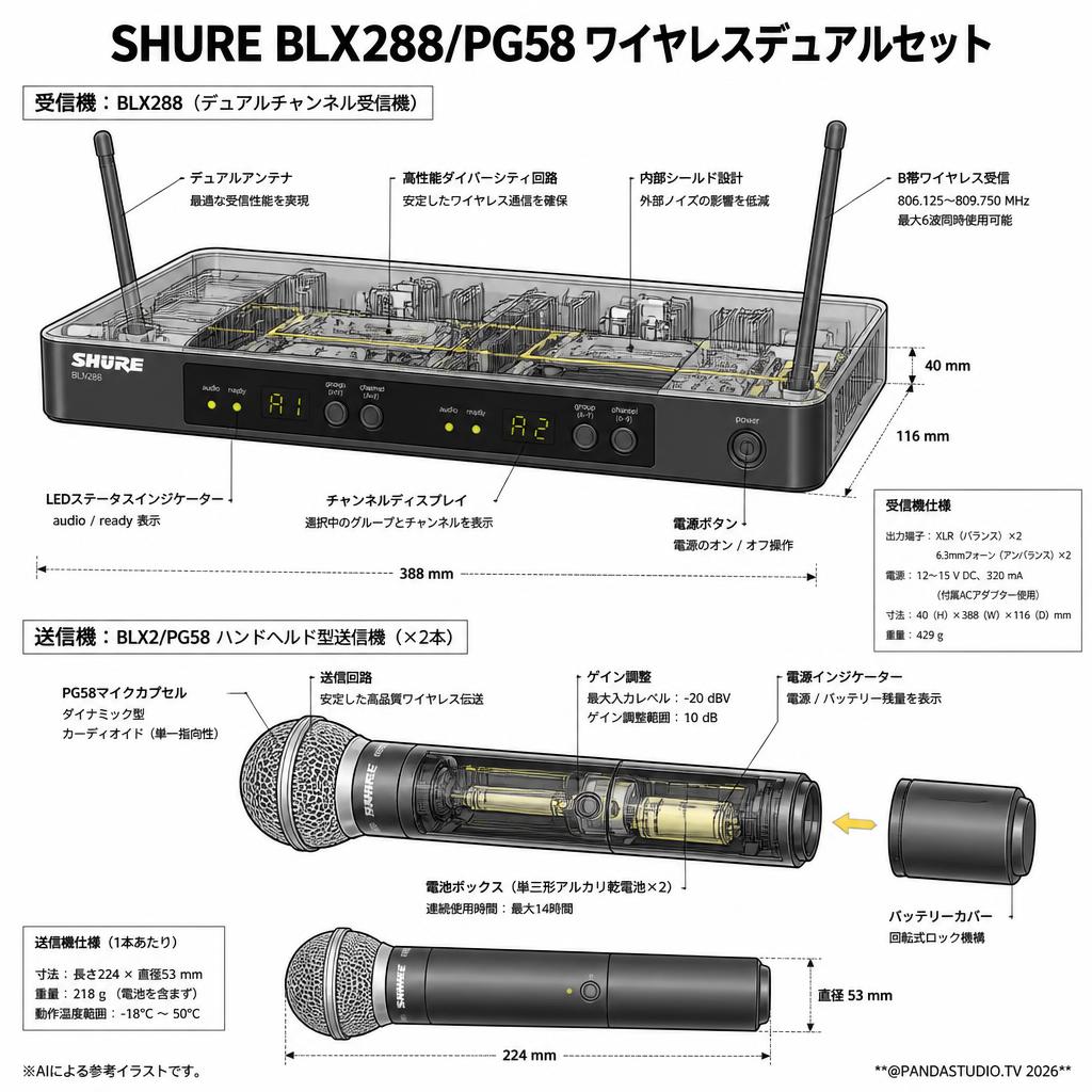 SHURE BLX288/PG58 ワイヤレスデュアルセット スペック