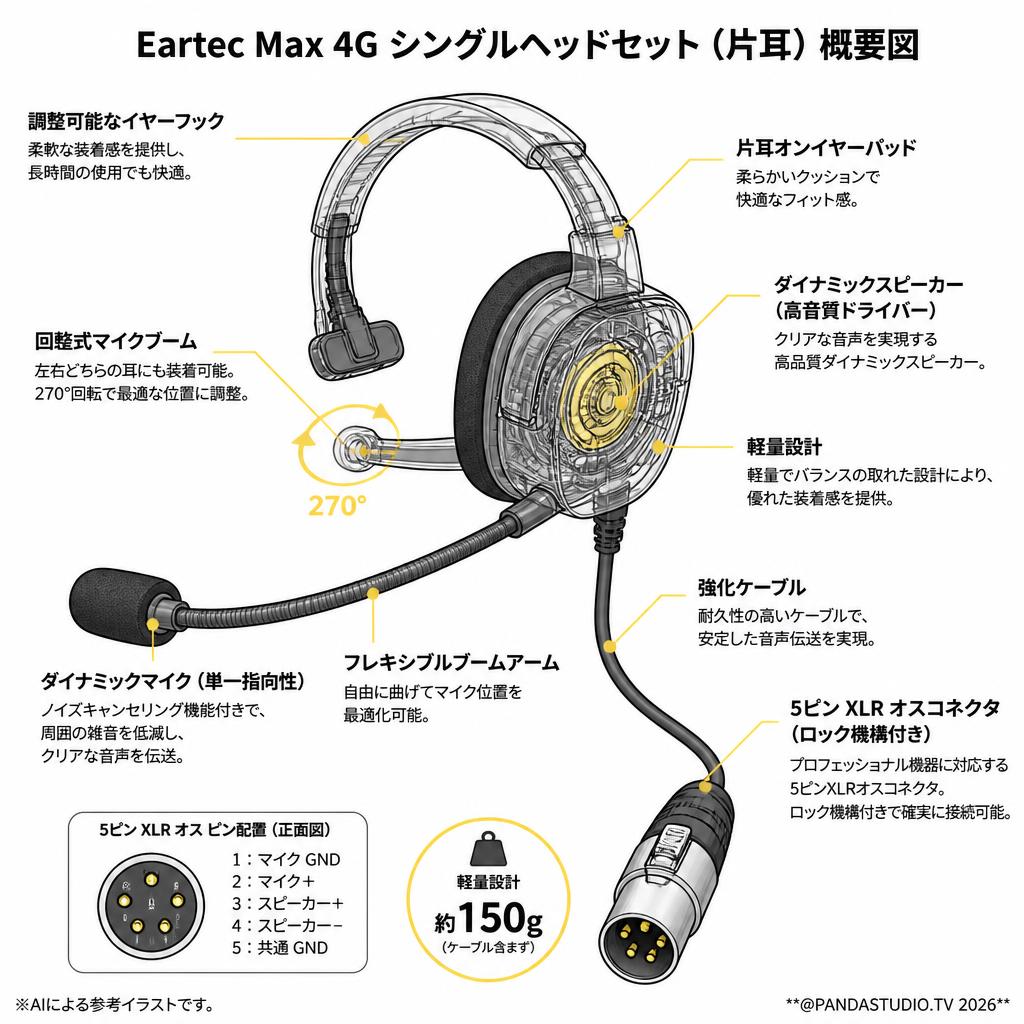Eartec Max 4G Single Headset with 5-Pin XLR Male Connecto （片耳） スペック