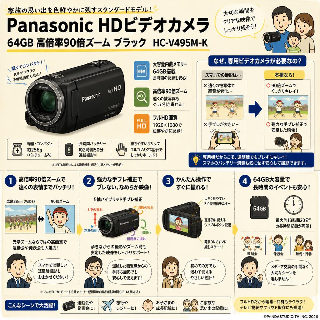 Panasonic HDビデオカメラ 64GB 高倍率90倍ズーム ブラック HC-V495M-K 概要