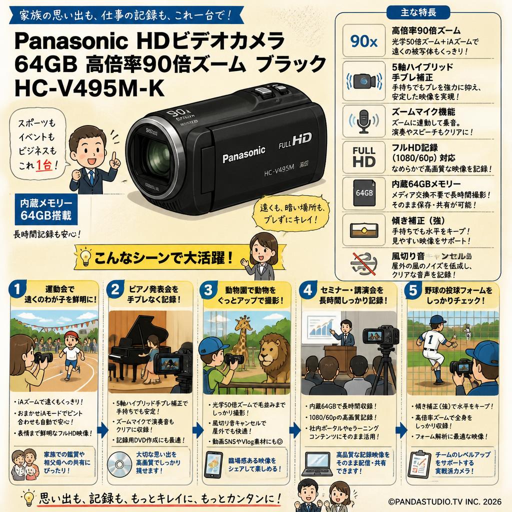 Panasonic HDビデオカメラ 64GB 高倍率90倍ズーム ブラック HC-V495M-K 用途