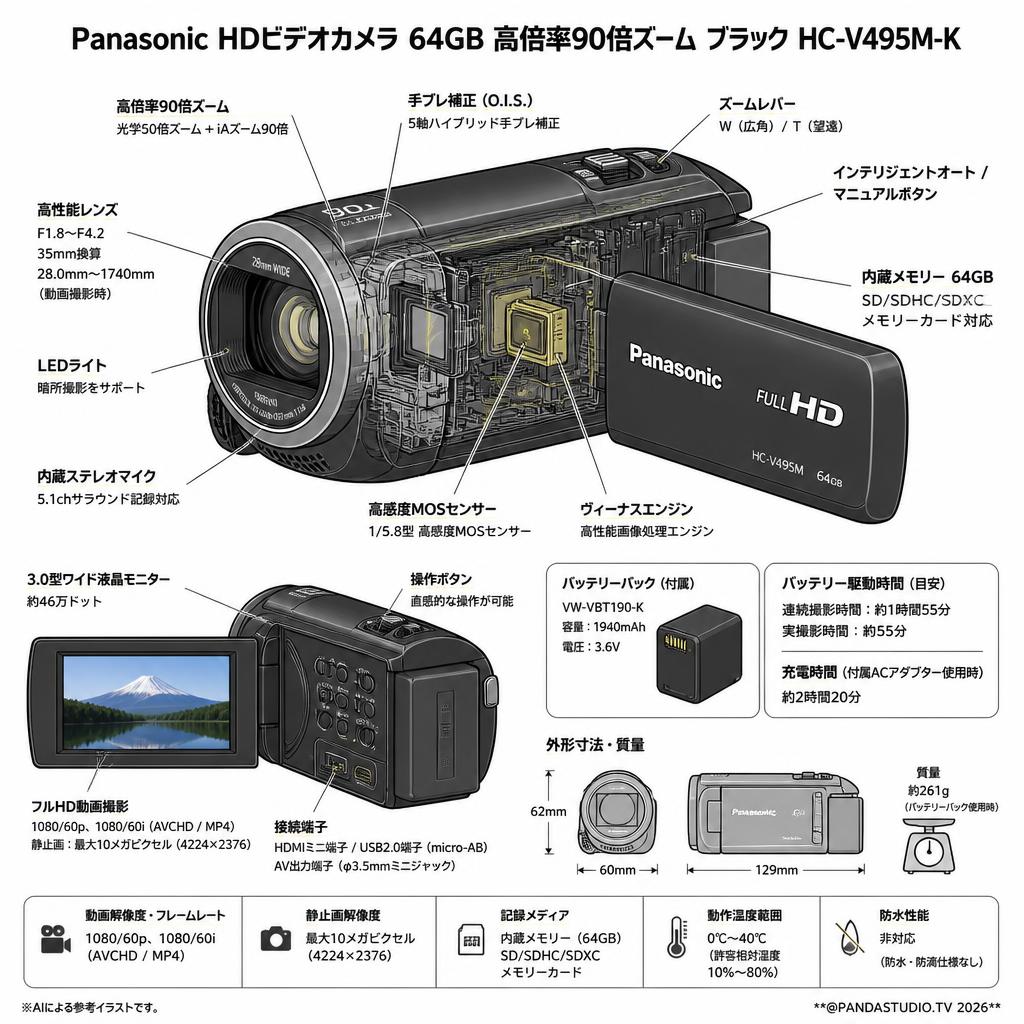 Panasonic HDビデオカメラ 64GB 高倍率90倍ズーム ブラック HC-V495M-K スペック