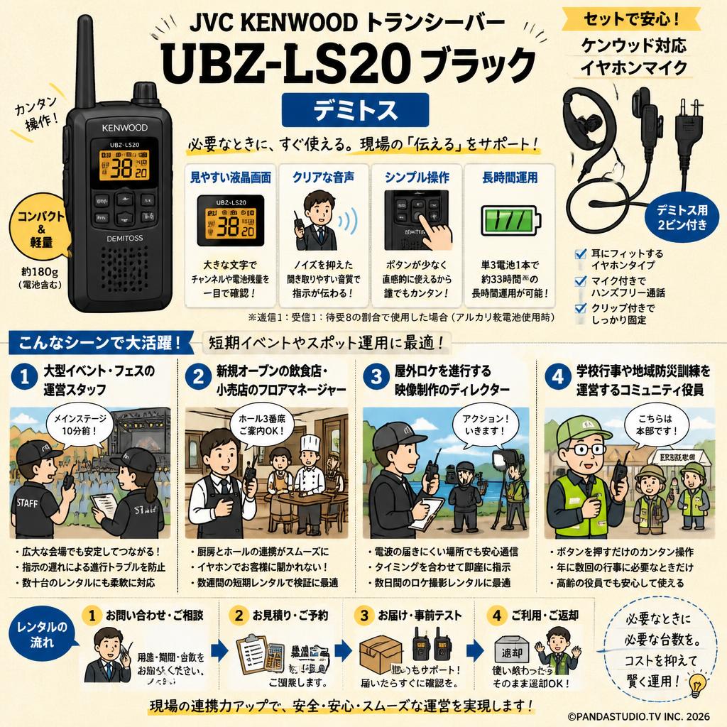 JVC KENWOOD トランシーバー UBZ-LS20 ブラック デミトス 【ケンウッド対応 インカム イヤホンマイク デミトス用 2ピン付き】 おもな対象のお客様