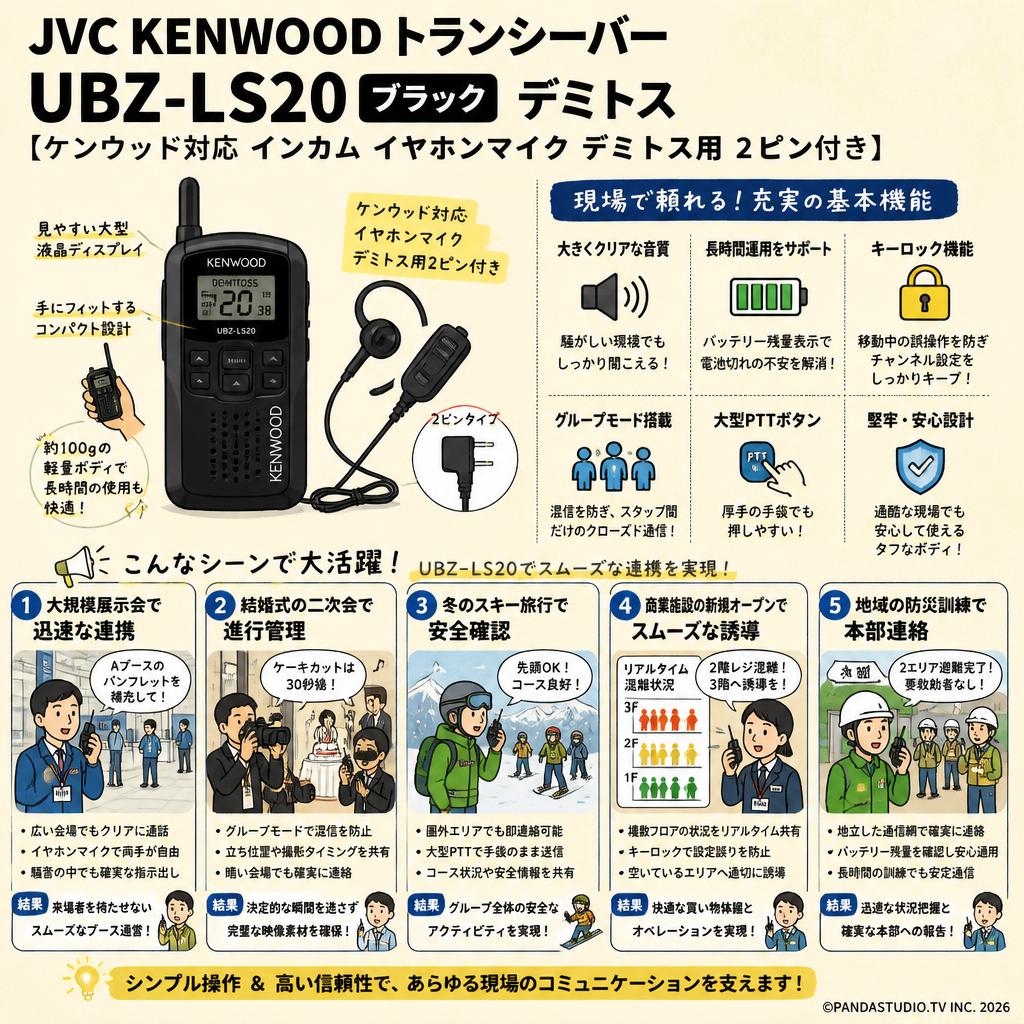 JVC KENWOOD トランシーバー UBZ-LS20 ブラック デミトス 【ケンウッド対応 インカム イヤホンマイク デミトス用 2ピン付き】 用途