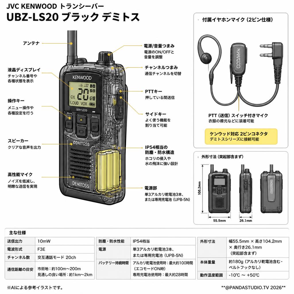 JVC KENWOOD トランシーバー UBZ-LS20 ブラック デミトス 【ケンウッド対応 インカム イヤホンマイク デミトス用 2ピン付き】 スペック