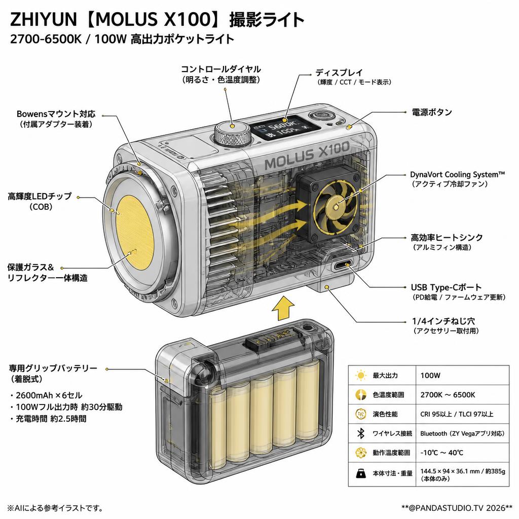 ZHIYUN 【MOLUS X100】撮影ライト 2700-6500K 100W スペック