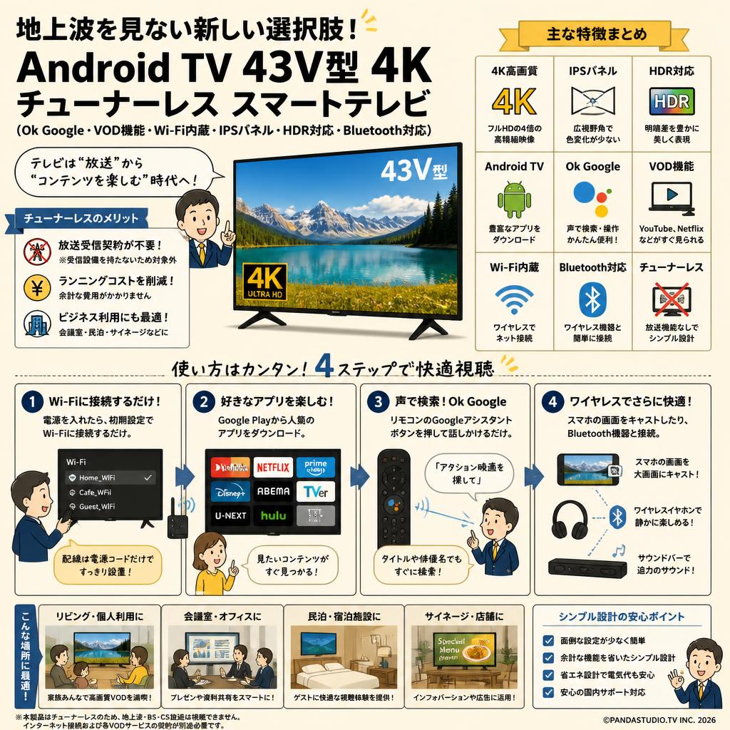 Android TV 43V型 4K チューナーレス スマートテレビ(OkGoogle VOD機能 Wi-Fi内蔵 IPSパネル HDR対応 Bluetooth対応) 概要