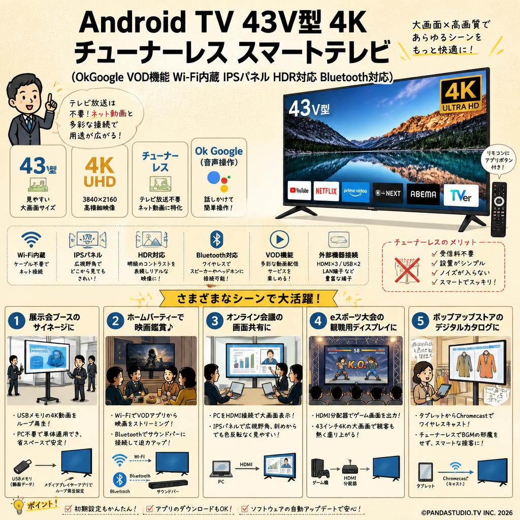 Android TV 43V型 4K チューナーレス スマートテレビ(OkGoogle VOD機能 Wi-Fi内蔵 IPSパネル HDR対応 Bluetooth対応) 用途