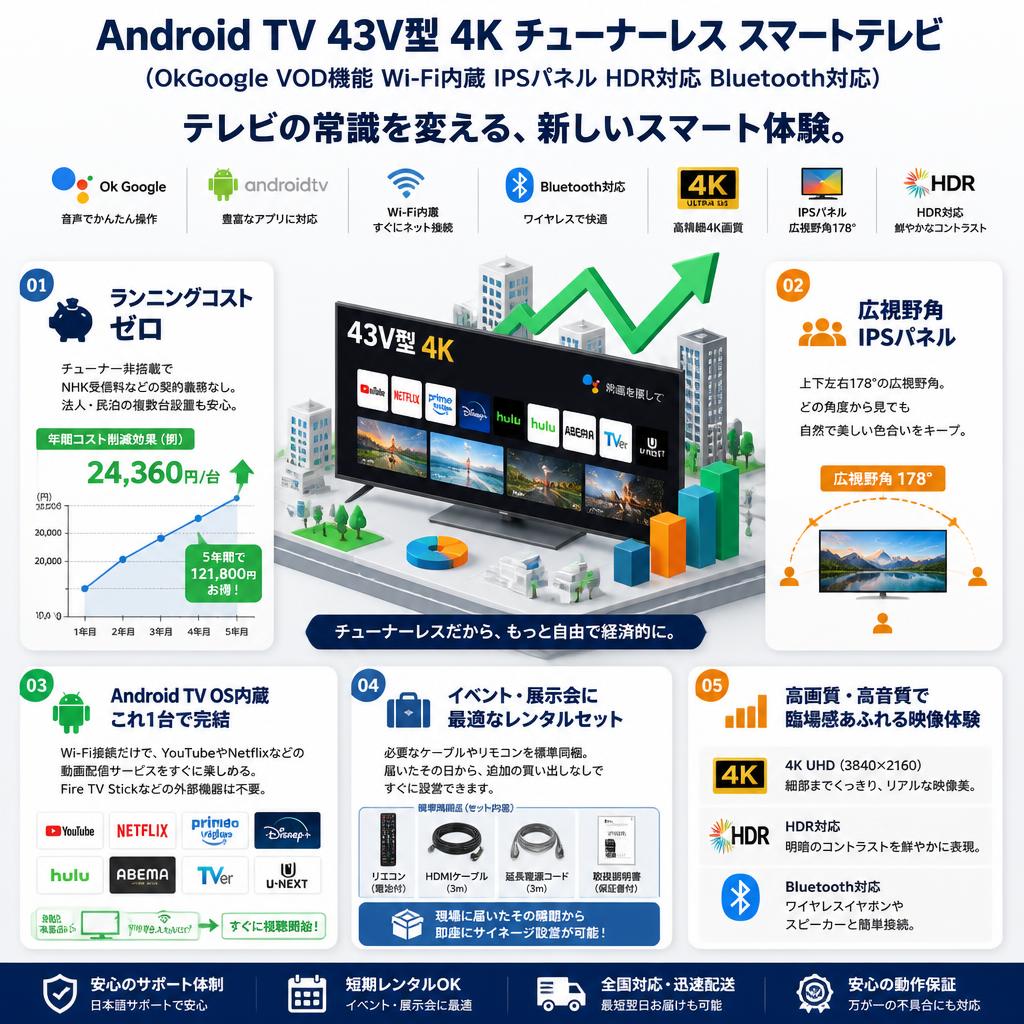 Android TV 43V型 4K チューナーレス スマートテレビ(OkGoogle VOD機能 Wi-Fi内蔵 IPSパネル HDR対応 Bluetooth対応) セールスポイント