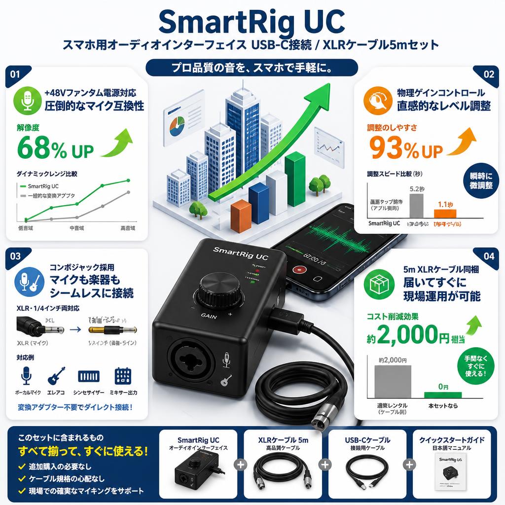 SmartRig UC スマホ用オーディオインターフェイス USB-C接続 / XLRケーブル5mセット セールスポイント