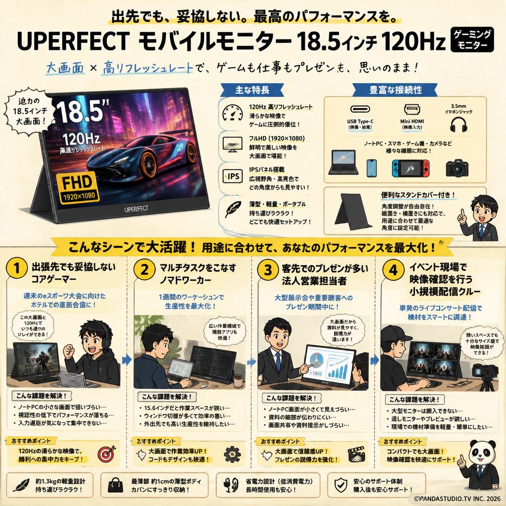 UPERFECT モバイルモニター 18.5インチ 120Hz（ゲーミングモニター） おもな対象のお客様