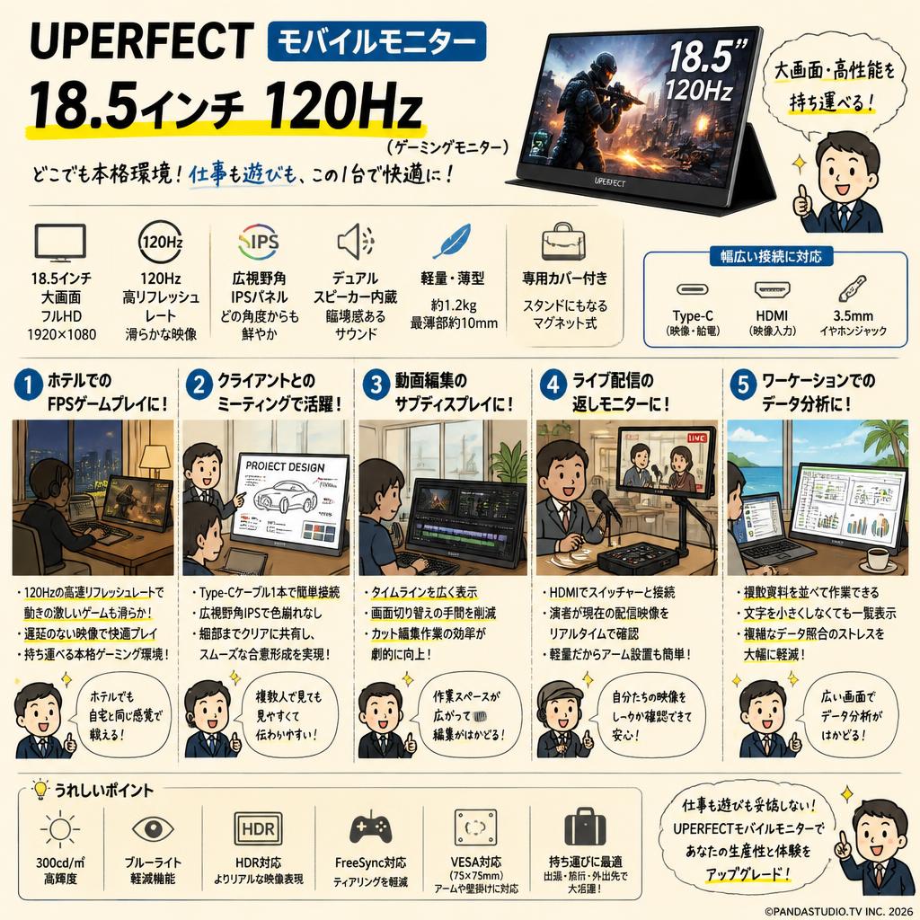 UPERFECT モバイルモニター 18.5インチ 120Hz（ゲーミングモニター） 用途