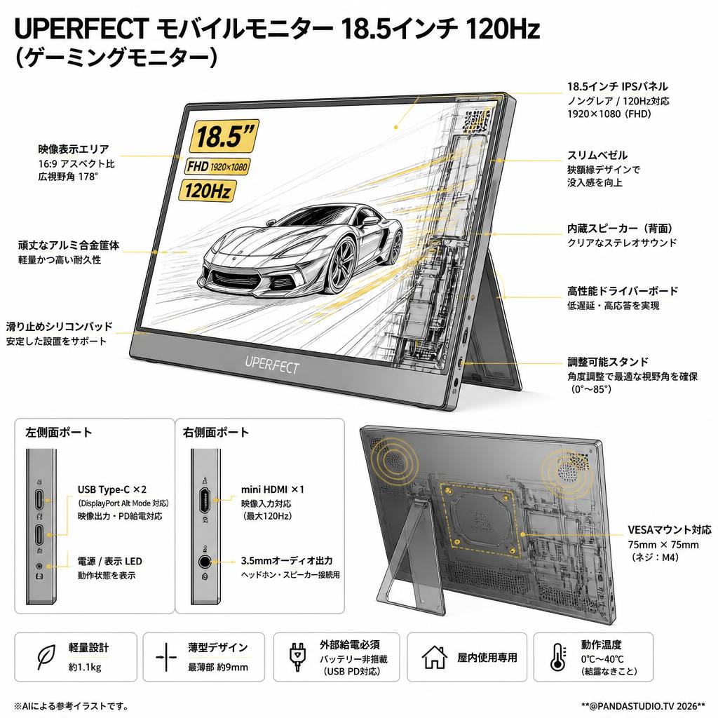 UPERFECT モバイルモニター 18.5インチ 120Hz（ゲーミングモニター