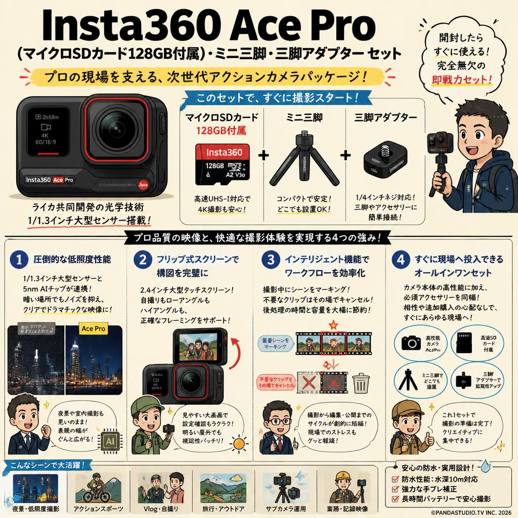 Insta360 Ace Pro (マイクロSDカード128GB付属) ・ミニ三脚・三脚アダプター セット 概要