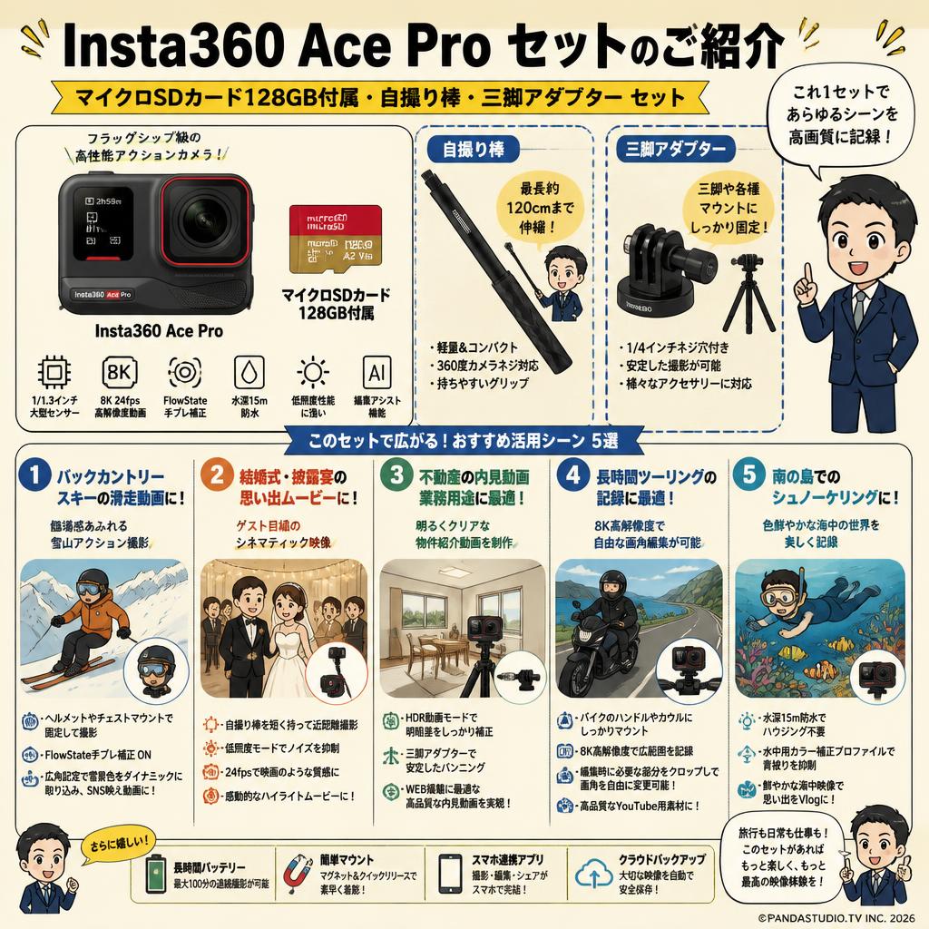 Insta360 Ace Pro (マイクロSDカード128GB付属) ・Insta360  自撮り棒・三脚アダプター セット 用途