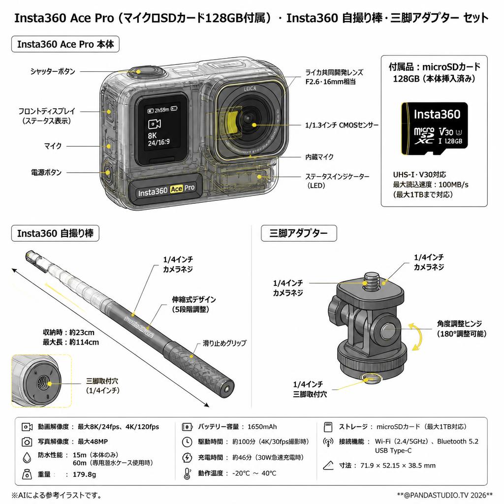 Insta360 Ace Pro (マイクロSDカード128GB付属) ・Insta360  自撮り棒・三脚アダプター セット スペック