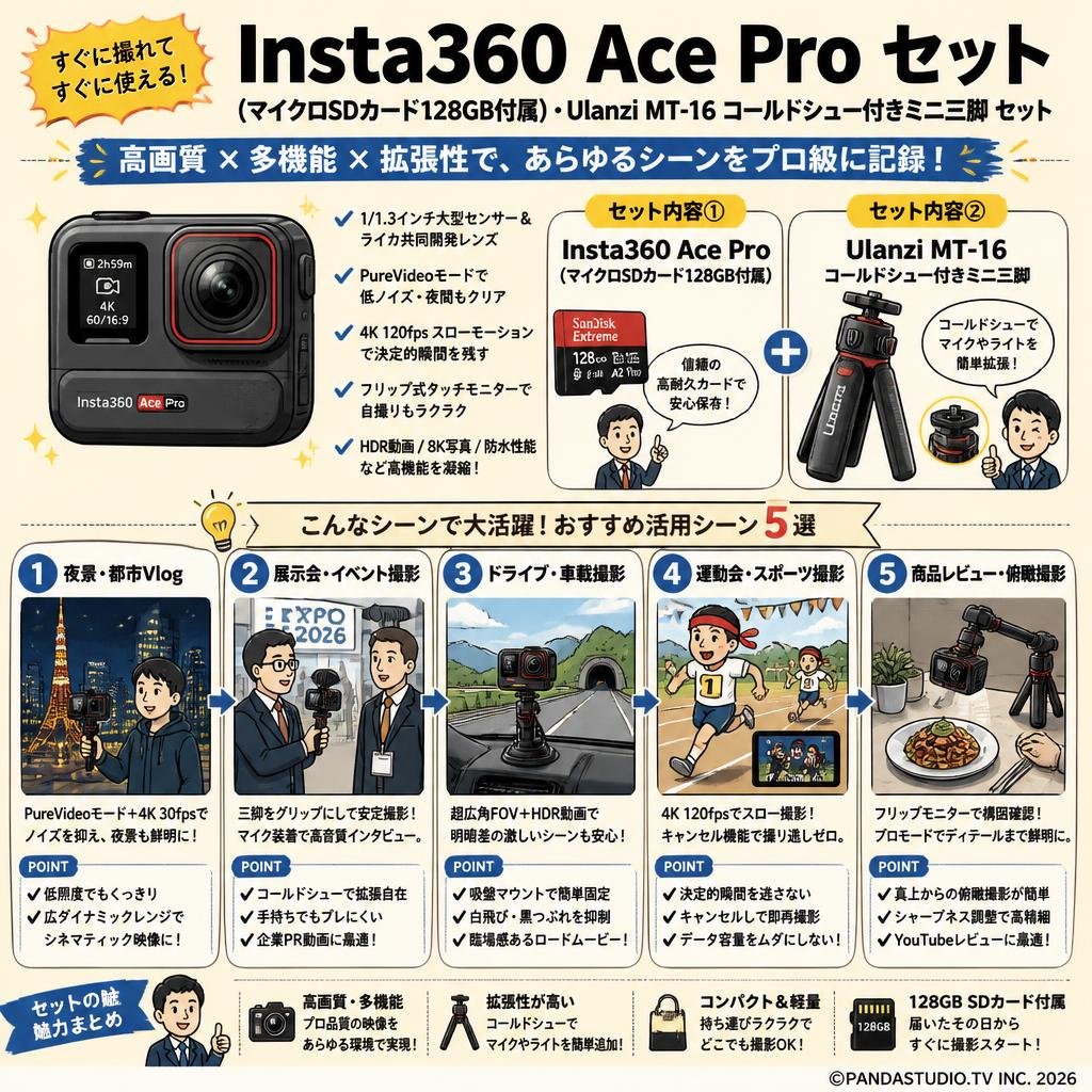 Insta360 Ace Pro (マイクロSDカード128GB付属) ・Ulanzi MT-16  コールドシュー付きミニ三脚 セット 用途