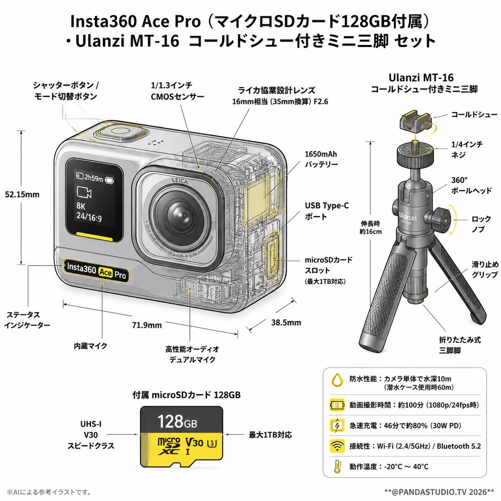 Insta360 Ace Pro (マイクロSDカード128GB付属) ・Ulanzi MT-16  コールドシュー付きミニ三脚 セット スペック