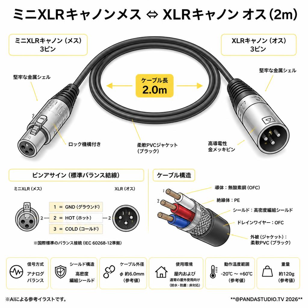 ミニXLRキャノンメス ⇔ XLRキャノン オス (2m) スペック