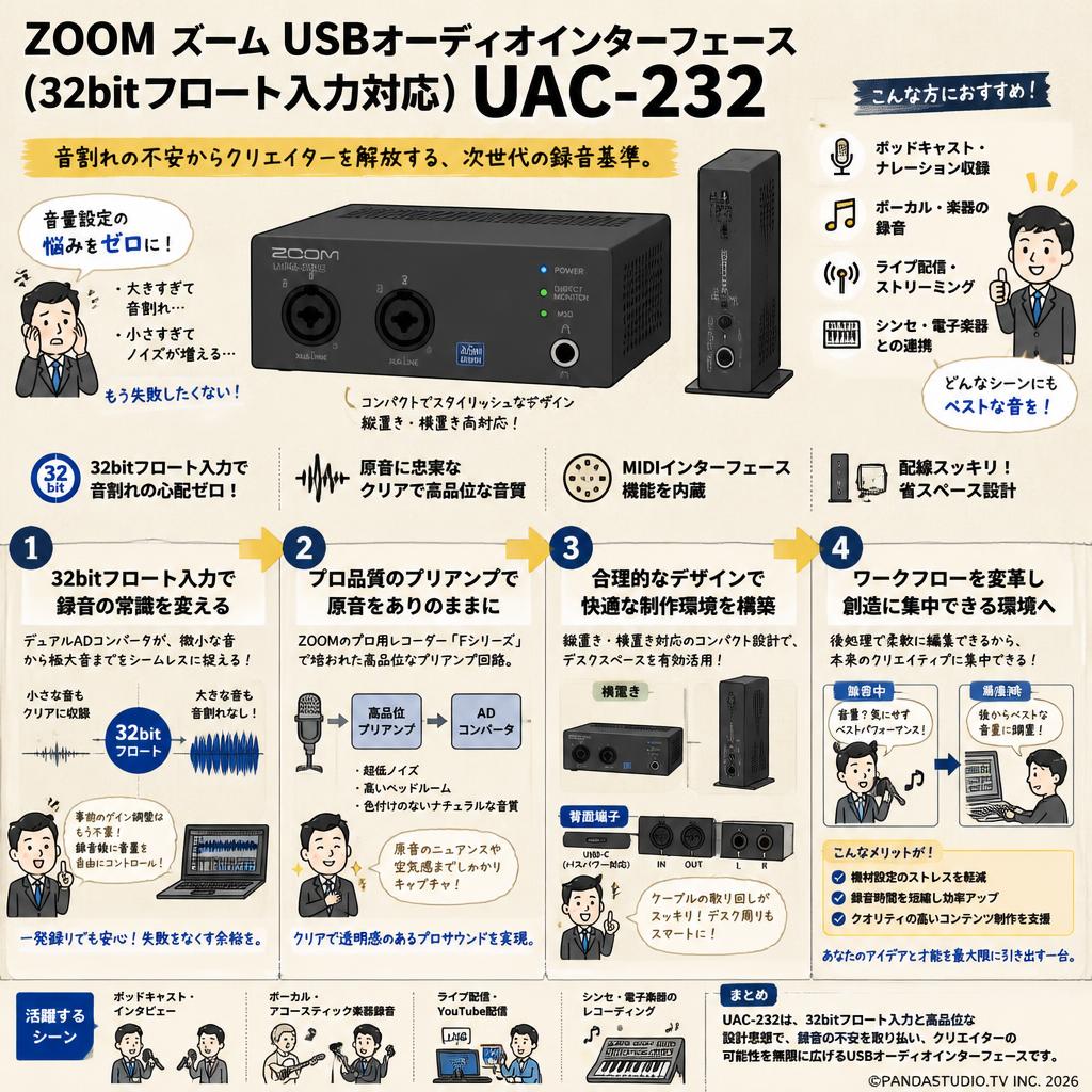 ZOOM ズーム USBオーディオインターフェース(32bitフロート入力対応 )UAC-232 概要