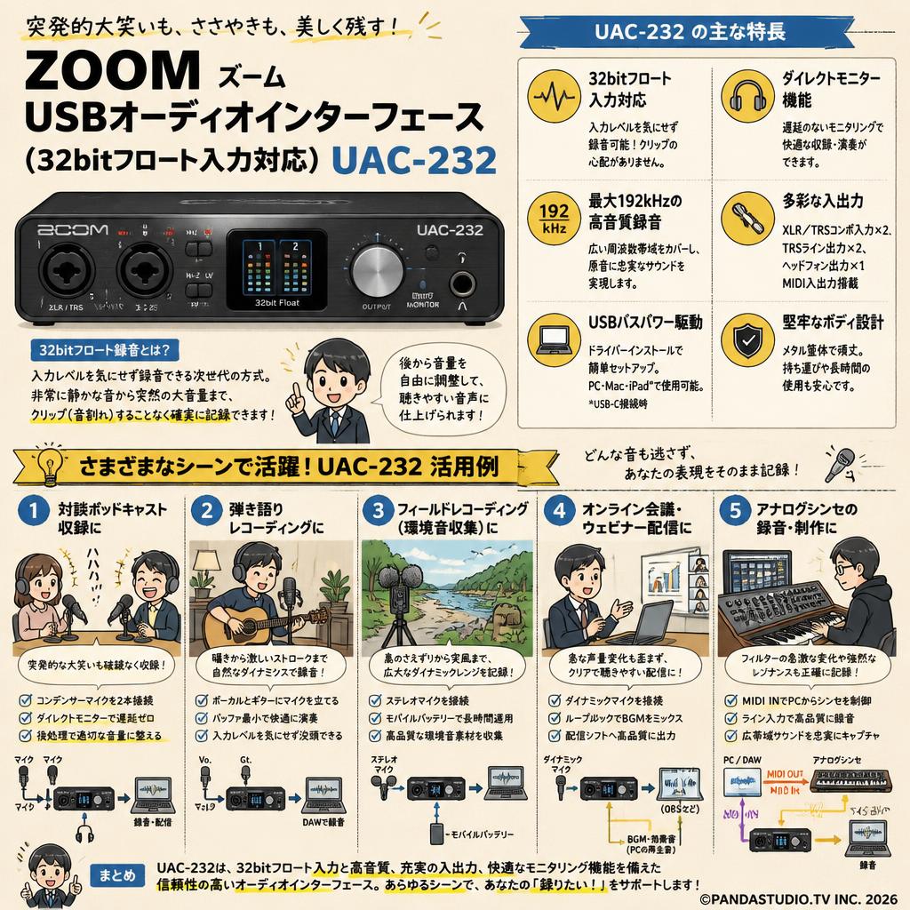 ZOOM ズーム USBオーディオインターフェース(32bitフロート入力対応 )UAC-232 用途