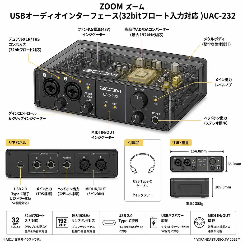 ZOOM ズーム USBオーディオインターフェース(32bitフロート入力対応 )UAC-232 スペック