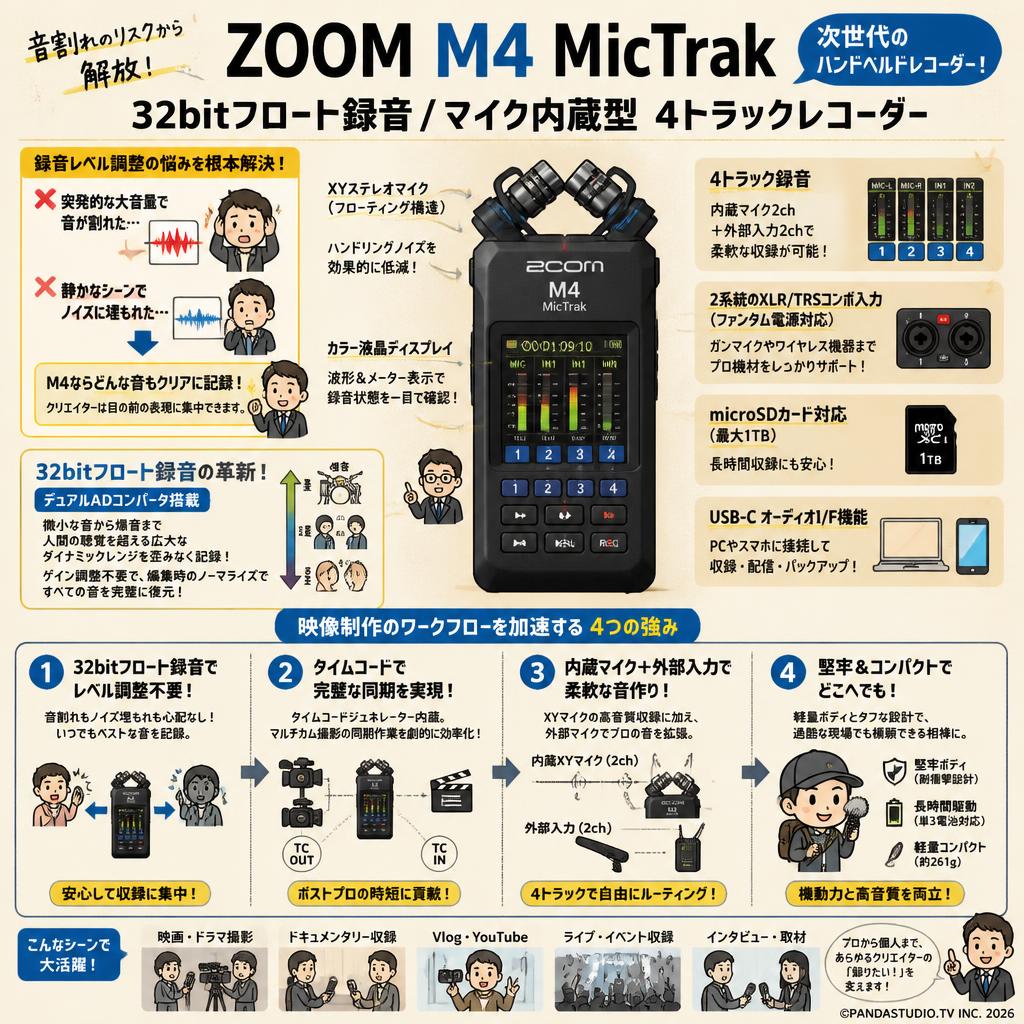 ZOOM M４ MicTrak 32bitフロート録音/ マイク内蔵型 4トラックレコーダー 概要