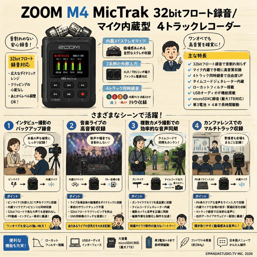 ZOOM M４ MicTrak 32bitフロート録音/ マイク内蔵型 4トラックレコーダー 用途