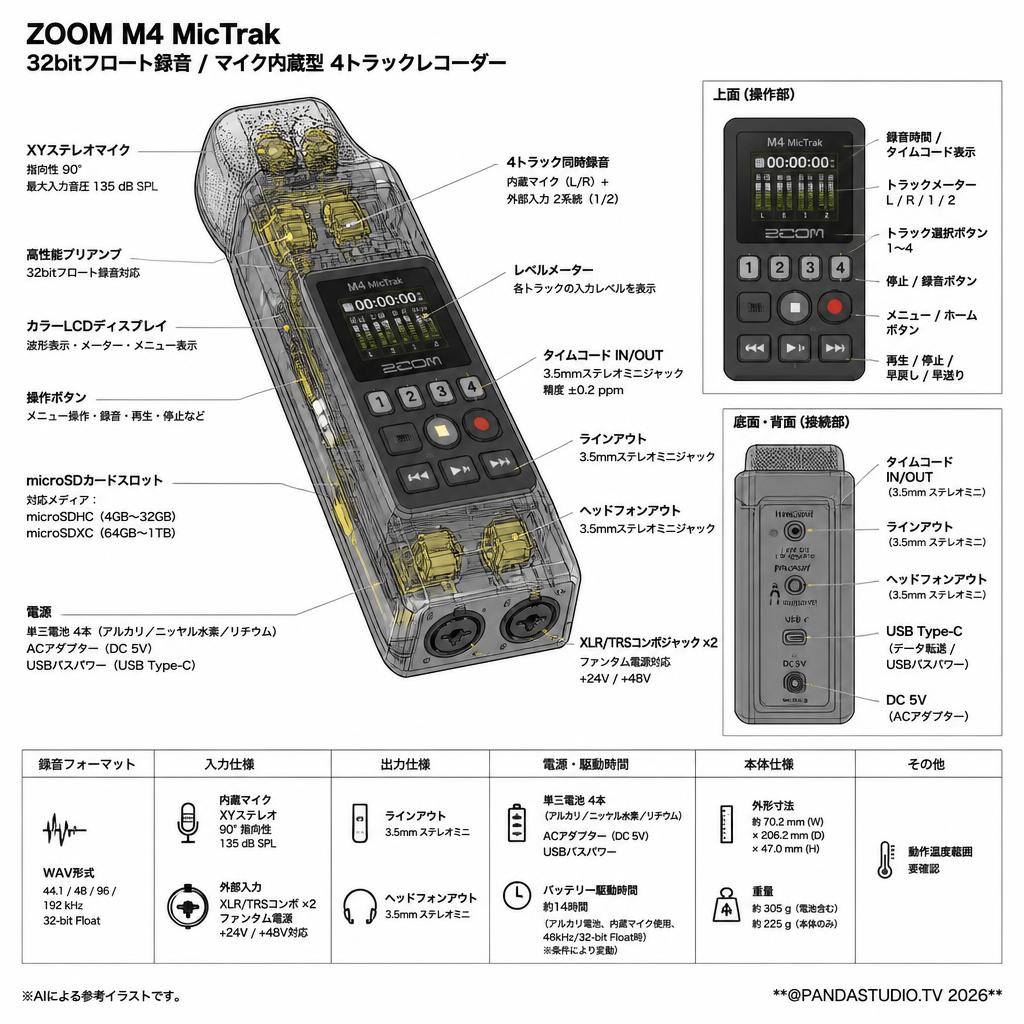 ZOOM M４ MicTrak 32bitフロート録音/ マイク内蔵型 4トラックレコーダー スペック
