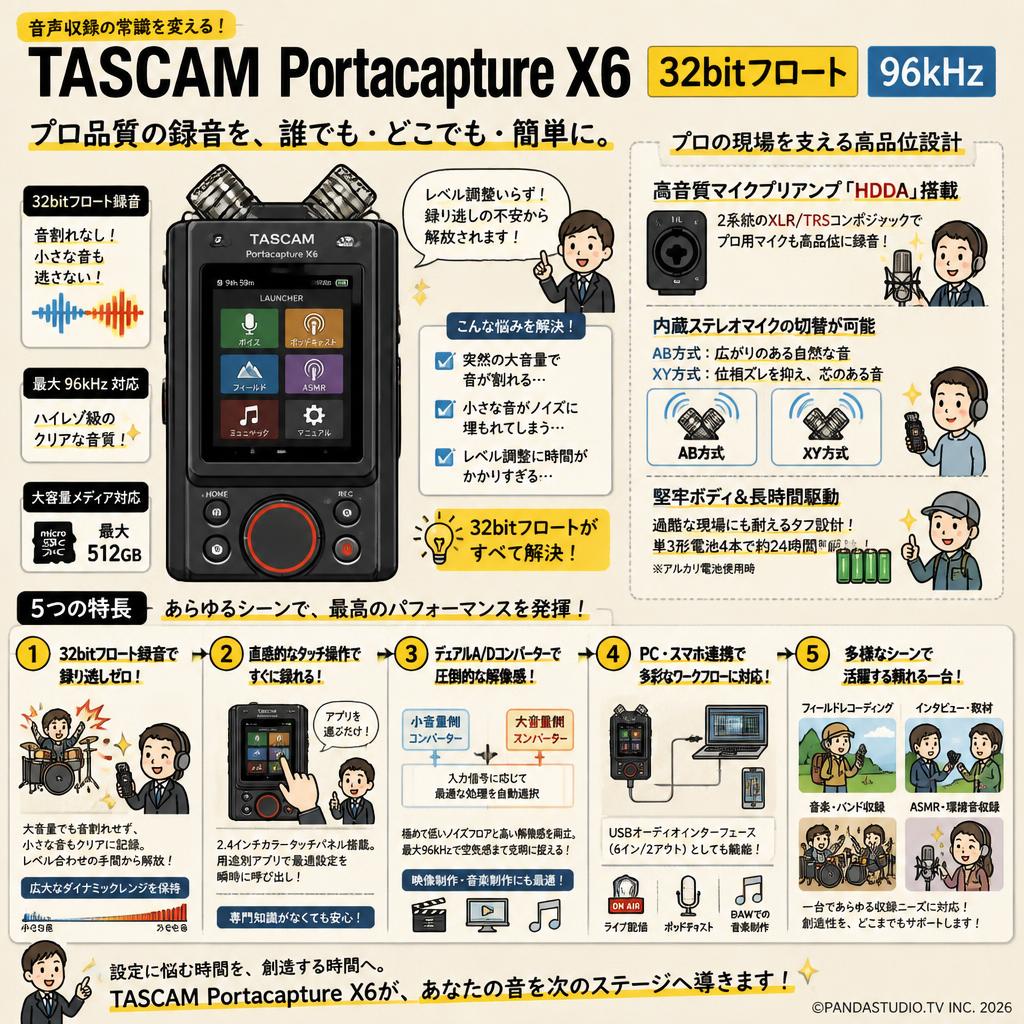 TASCAM (タスカム) Portacapture X6 32bitフロート 96kHz 概要